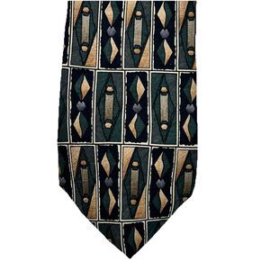 Torriani Mens Necktie Tie Green Blue Brown Geometric 58" 100% Silk USA Made Wide
